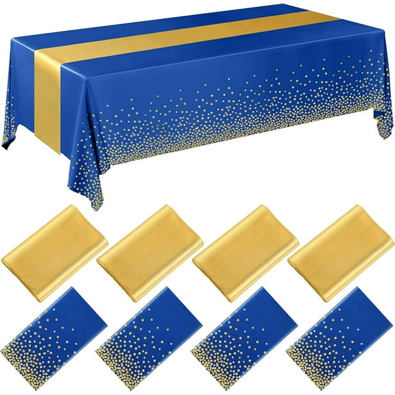 BlinkLLX 8 Pack Navy Blue and Gold Disposable Plastic Tablecloths and Satin Table Runner Set, 54 x 108 Inch Tablecloth, 12 x 108 Inch Table Runners for Wedding Graduation Birthday Baby Shower