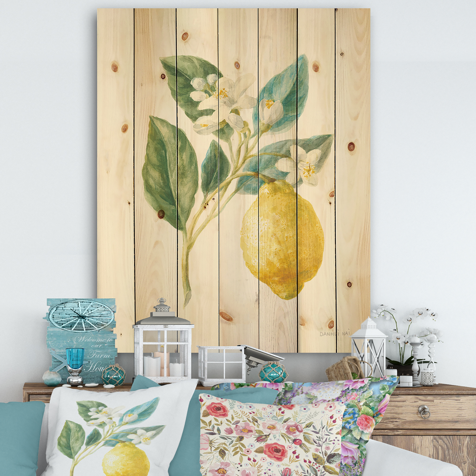 Designart 'Lemon Floursack I' Cabin & Lodge Print on Natural Pine Wood