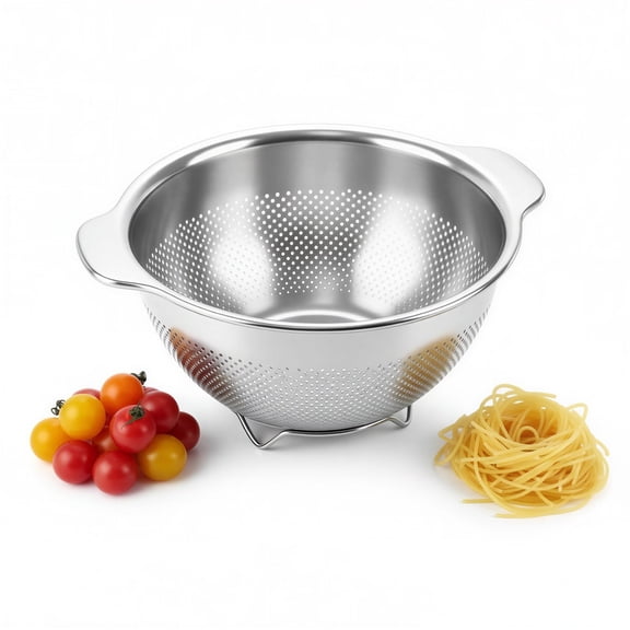 201 Stainless Steel Colander with Handles, 10.6 x 5.9 in Perforated Drain Basket with Base, Large Rice Rinser for Draining and Rinsing Vegetables, Fruits, Pasta, and Meat