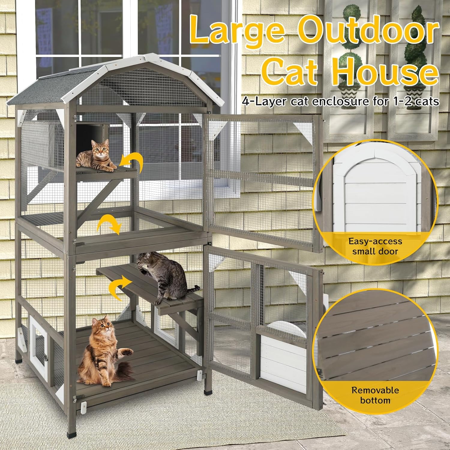 71'' Large Cat House Outdoor Catio Enclosures Indoor Kitten Cages with Attachable Window Resting Box,Waterproof Roof
