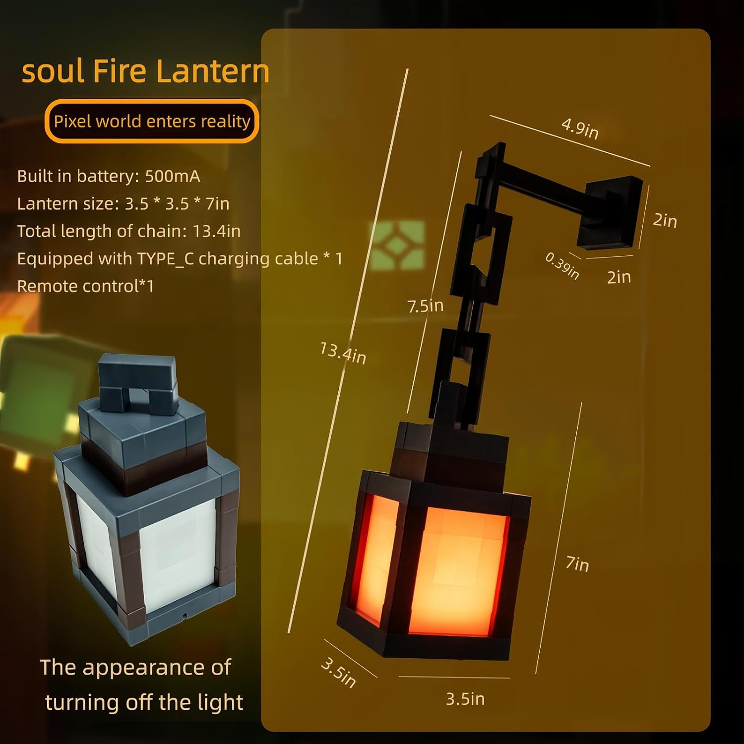 Rechargeable Pixelated Lantern Night Light | 16-Color RGB Mood Lamp with Dual Control (Remote) | Wall/Table Lamp for Cosplay, Nightstand & Bedroom Decor（1 PCS）