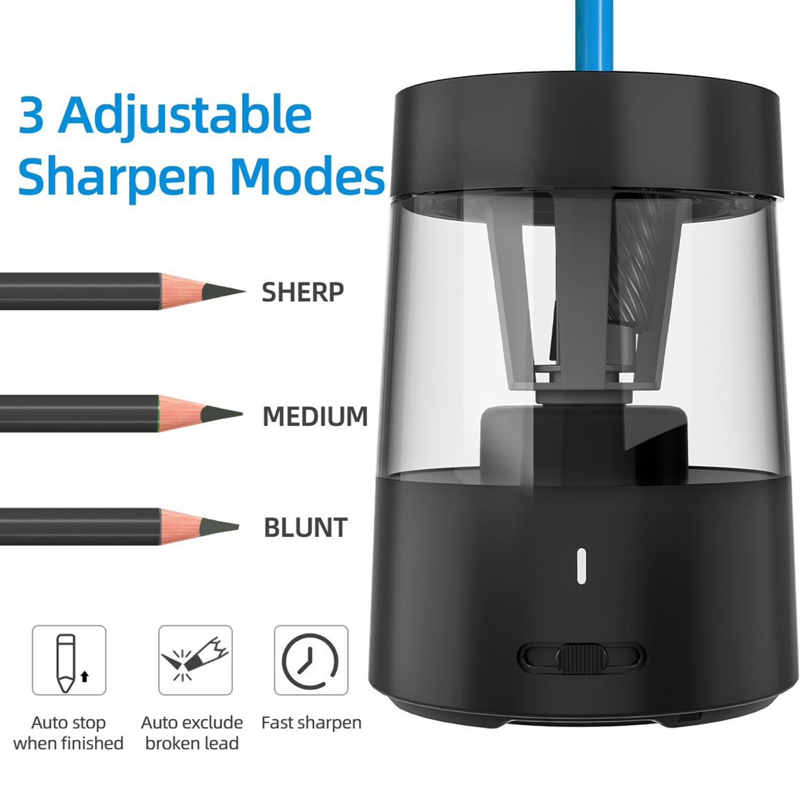 Cordless Pencil Sharpener With Large Shavings Container 3 Adjustable Tip Settings Perfect For Artists Students And Teachers