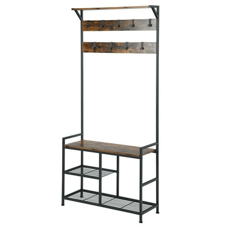 bench entryway hook shelf rack shoe coat hall industrial tree storage gymax