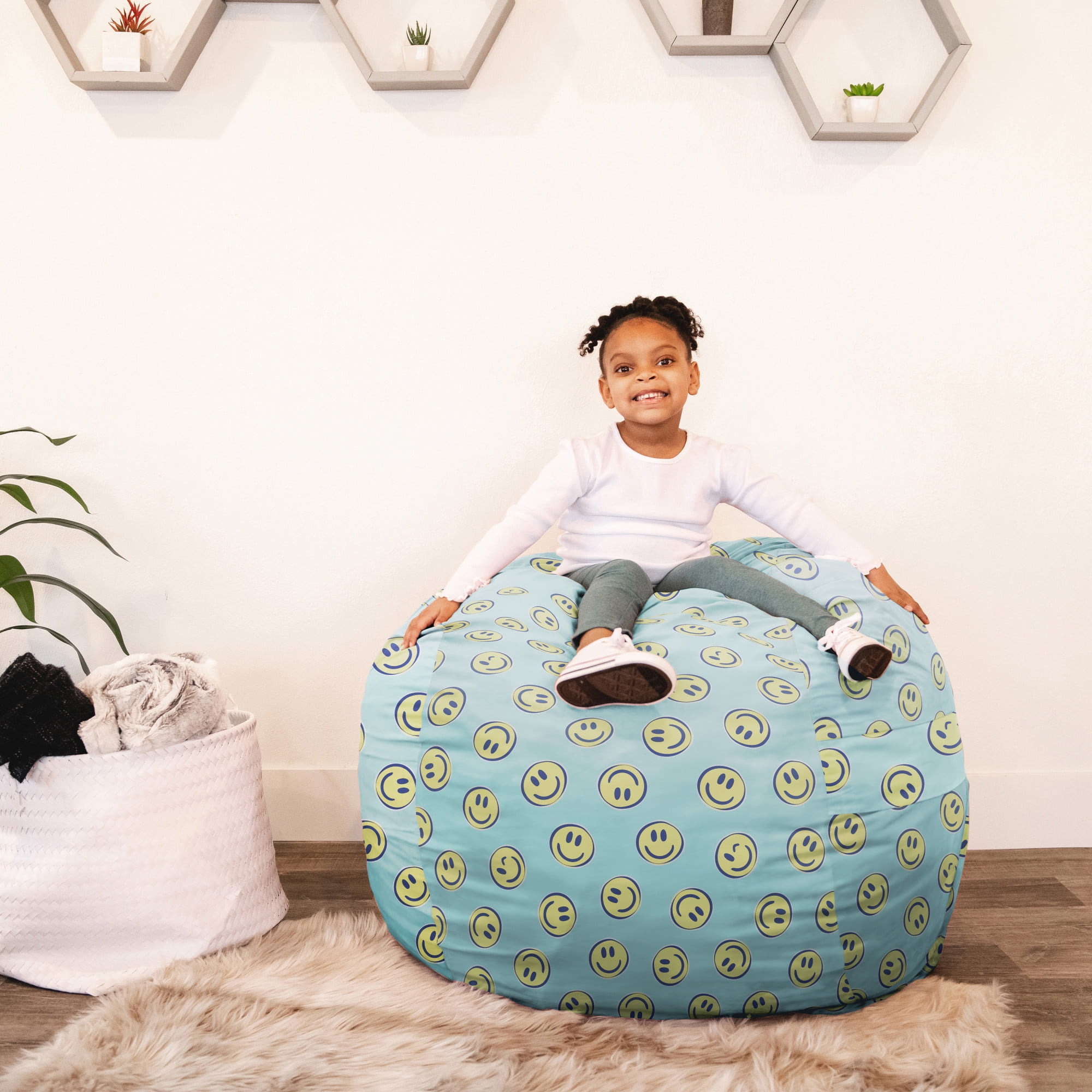 Big Joe Fuf 4Ft Foam Bean Bag Chair with Removable Cover for Kids, Teens, Smiley Face Plush, Soft Polyester, 4 foot Large Reading and Gaming Seat