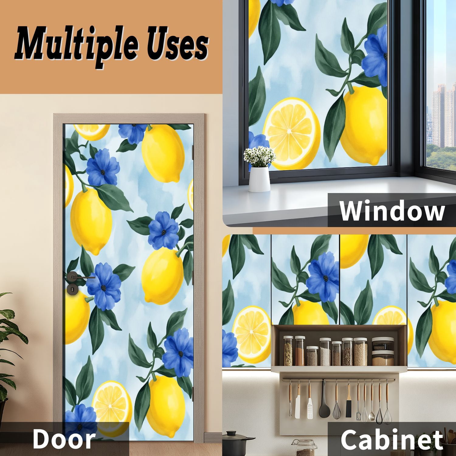 Self Adhesive Vinyl Refrigerator Wrap Set Lemon Blue Flower Fresh Green Leaves Soft Blue Door Mural Removable Fridge Sticker Peel and Stick&nbsp;Full Door Cover Decal Kitchen Bar Decor