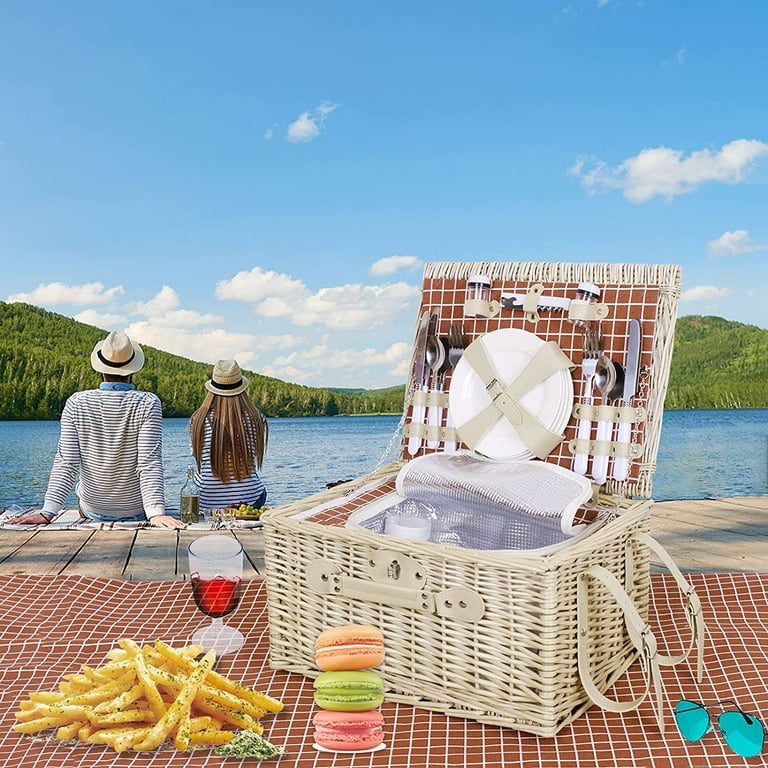  Wicker Picnic Basket for 4 with Soft Picnic Blanket, Picnic Set  for 4 with Beach Mat, Willow Hamper Service Gift Set for Camping and  Outdoor Party Best Gifts : Patio, Lawn