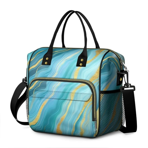 OBREWU Teal Gold Marble Women's Insulated Leakproof Large Lunch Bag, Oxford Cloth
