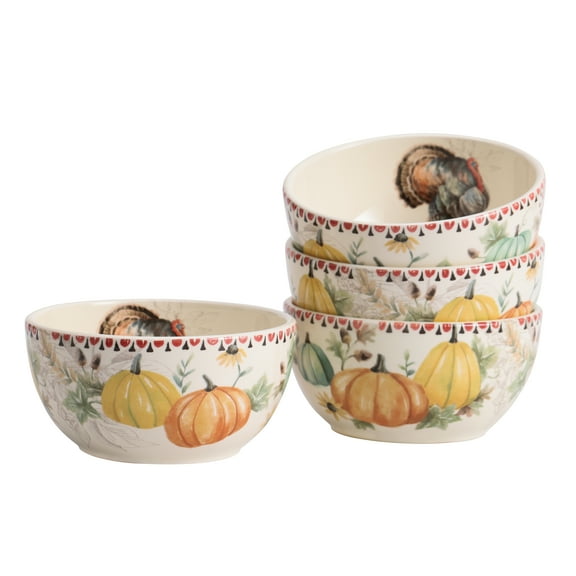 Bico Blessing Season 26oz Ceramic Cereal Bowls, Set of 4, for Pasta, Salad, Cereal, Soup & Microwave & Dishwasher Safe Turkey Design