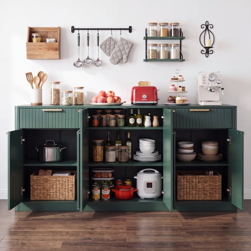 67" Fluted Buffet Sideboard, Modern Wine Bar Cabinet with 6 Doors & 2 Drawers, Coffee Bar Credenza for Dining Room, Living Room, Entryway, Dark green