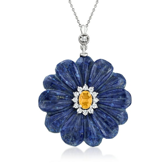 Ross-Simons Lapis and .90 Carat Citrine Flower Pendant Necklace With .60 ct. t.w. White Topaz in Sterling Silver, Women's, Adult