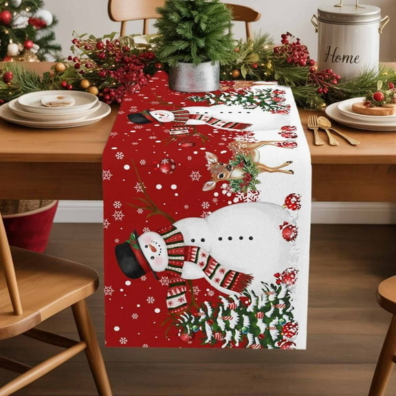 Christmas Cotton Linen Table Runner Winter Snowman Xmas Tree Deer Snowflakes Red Dining Table Runners for Home Decor Party Dining Room Restaurant Kitchen Party 13" x 120"