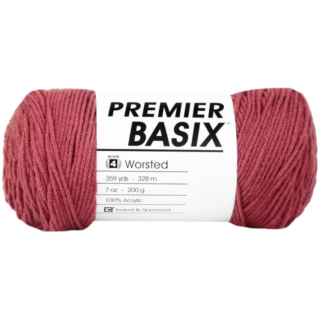 hilos premier premier yarns 1115-11 Rose ovillo Premier Yarns 7 oz (200 g) worsted (nivel 4), vista frontal centrada del ovillo rosa con etiqueta blanca que muestra la marca Premier Basix y especificaciones de peso y longitud; a menudo usado también para proyectos de amigurumi o accesorios tejidos pequeños.