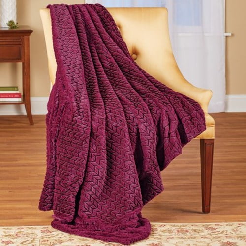 Herringbone Textured Faux Fur Throw BlanketBurgundy