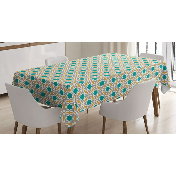 Teal Tablecloth, Abstract Geometric Pattern Eastern Oriental Symmetric Design Print, Rectangle Satin Table Cover Accent for Dining Room and Kitchen, 52" X 70", Mustard Teal and Grey, by Ambesonne