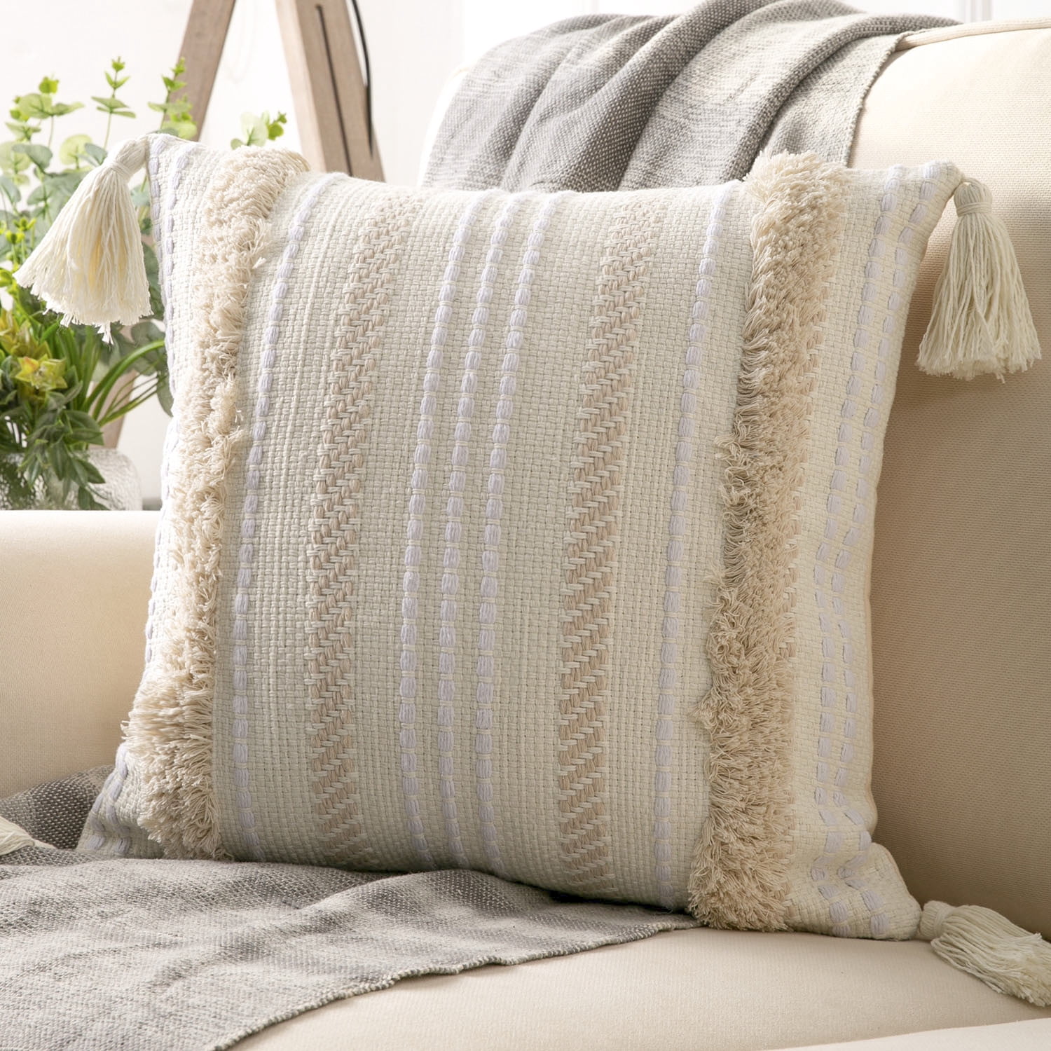 Phantoscope Boho Woven Tufted Decorative Throw Pillows with Tassel Trim, 18 x 18 in, Pure White, 2 Pack