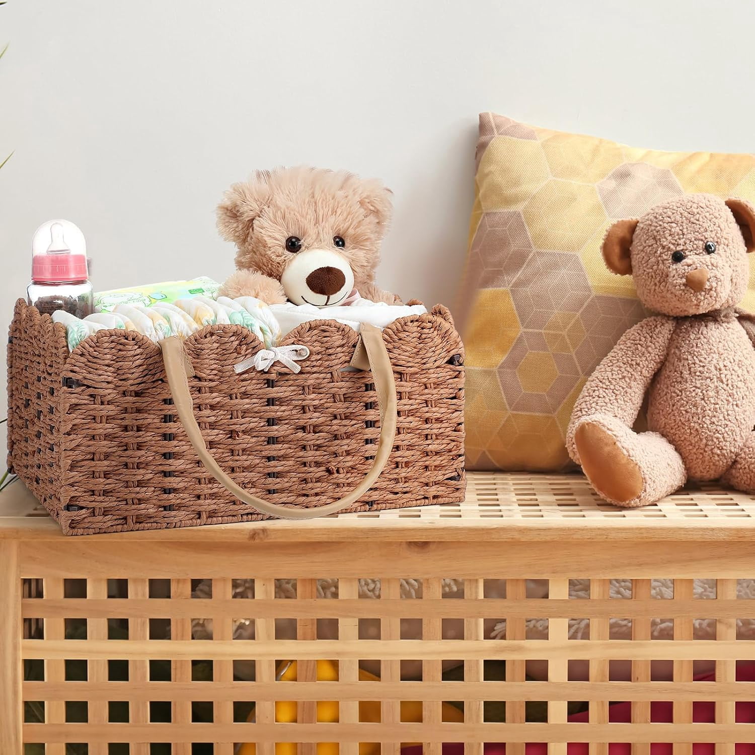 Baby Diaper Caddy Organizer- Woven Paper Rope Storage Baskets Diapers Nursery Bin with Removable Divider for Baby Shower, Newborn Gifts Must Haves