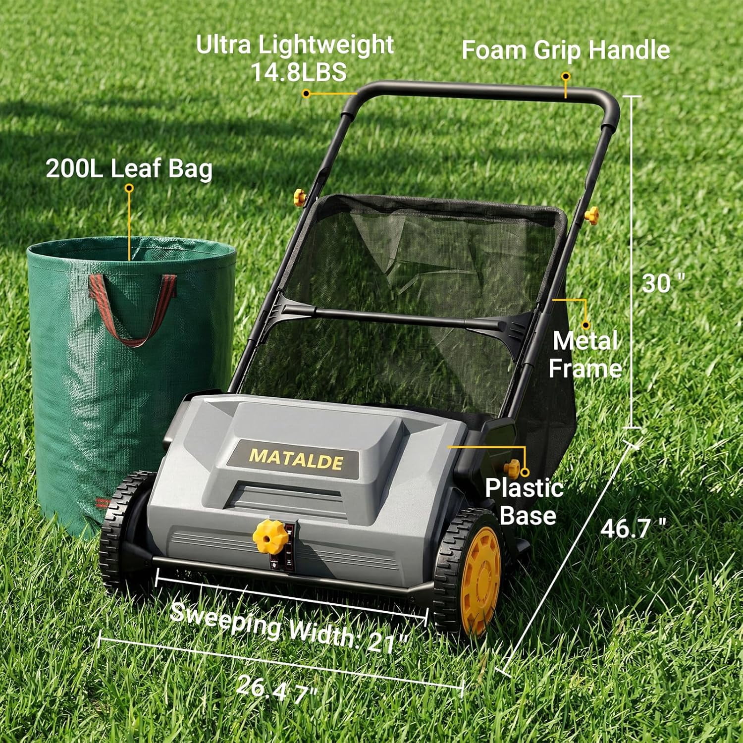 21" Push Lawn Sweeper with 103L Mesh Collection Hopper Bag, 200L Leaf Bag, Leaf and Grass Collector with 4 Adjustable Heights, Steel Frame & Rubber Wheels