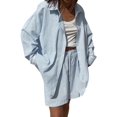 thumbnail image 3 of Women'S Cotton Summer 2 Piece Sets Long Sleeve Button Down Shirts Short Sets Vacation Outfits Blue M, 3 of 9