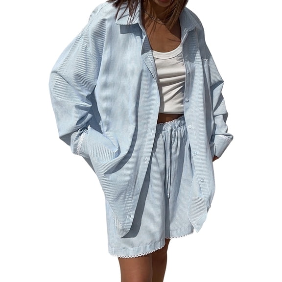 Women's Long Sleeve Button Down Cotton Sets Shirts Short 2 Piece Set Shirt Outfit for Summer Vacation Blue S