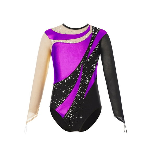 Yruioon Kids Girls Mesh Long Sleeve Shiny Rhinestone Athletic Dance Gymnastic Leotard Bodysuit Purple 14