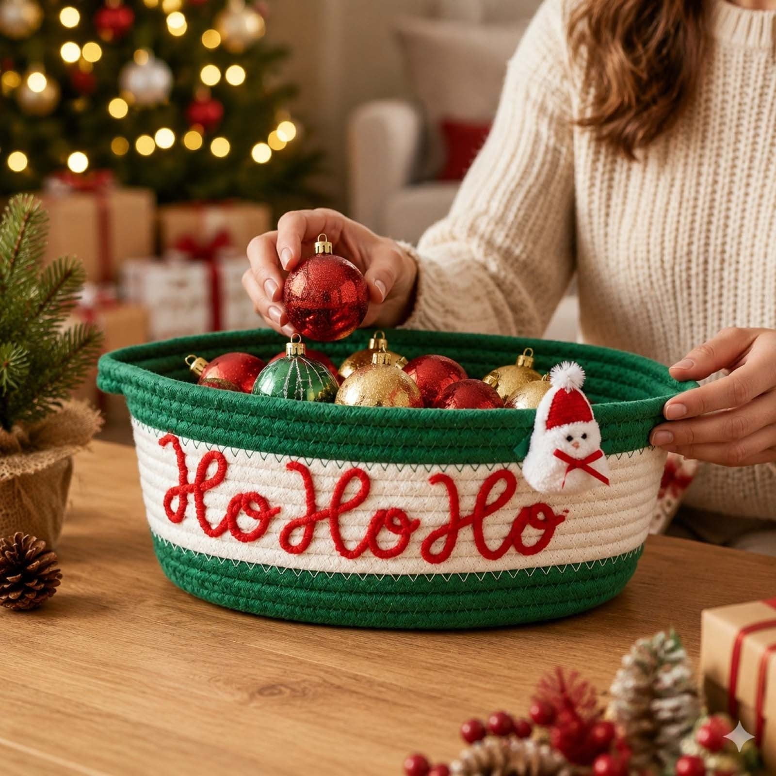 Christmas Storage Basket for Kids Bedroom Decor Red Green White Cotton Rope Basket Woven Basket with Embroidered Letters and Decorative Ribbon for Gifts Candy Toy Holiday Home Decor (Ho)
