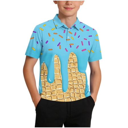 AHTJRT Boys Girls Short Sleeve Tshirt Fashion Tropical Hawaiian Printed Lapel Golf Shirts Unisex Kids Summer Beach Travel Vacation Tees Light Blue 12-13 Years