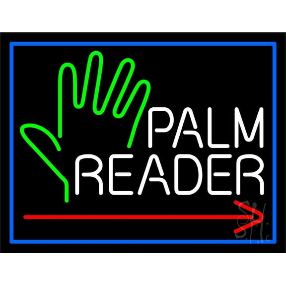 Red Palm Reader Arrow White Border LED Neon Sign 24" Tall x 31" Wide - inches Black Square Cut Acrylic Backing, with Dimmer - Bright and Premium built indoor LED Neon Sign for Storefront.