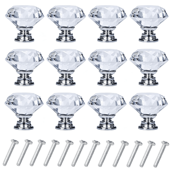 ZHZFKQ 12 Pack Drawer Knobs Diamond Shaped Crystal Glass 30Mm Cabinet Knobs Pull Handles Drawer Knobs (Silver)