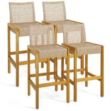 Gymax Wicker Bar Stools Set of 4 Patio Chairs w/ Solid Wood Frame & Ergonomic Footrest Light Brown