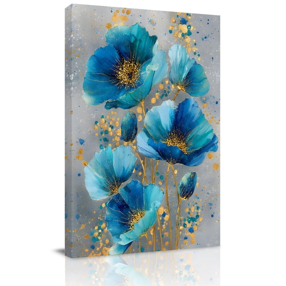 Blue Green Flowers Canvas Wall Art for Living Room, Modern Teal Gold Floral Petals Poster Print Painting for Bedroom Office Home Decoration Wall Pictures Prepare To Hang 8"x12"