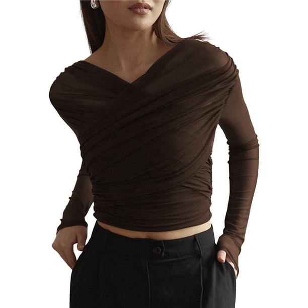 Blusas de Fiesta para Mujer, Modernas, con Escote en V, Larga, de Transparente y Fruncida. Marrón M