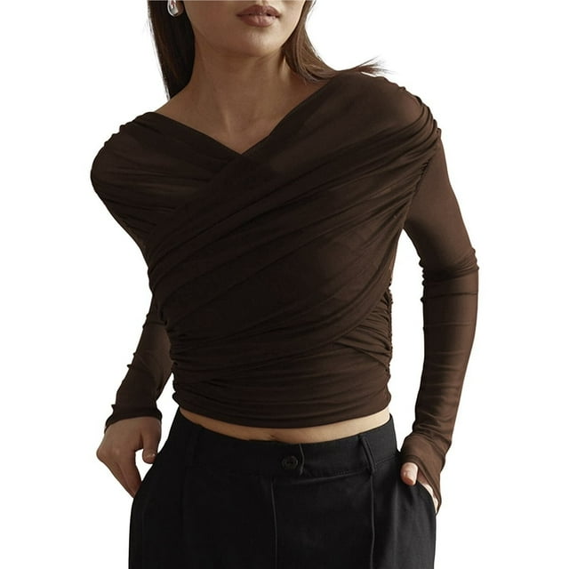 Blusas de Fiesta para Mujer, Modernas, con Escote en V, Larga, de Transparente y Fruncida. Marrón S