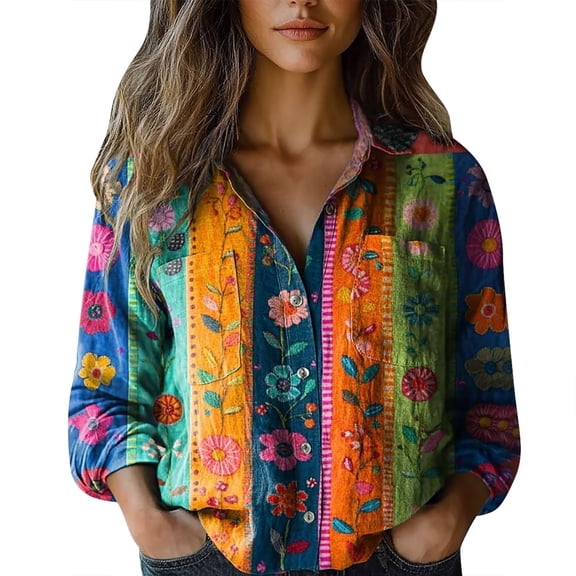 Womens Tops Fashion Print Long Sleeve Cotton Button Blouse Spring Summer Shirts for Women Multicolor 3Xl
