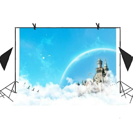 Image of MOHome 7x5ft Magic Castle Backdrop White Clouds Blue Sky Castle Bird Planet Picture Newborn Child Photo Birthday Party Studio Props Curtain Background