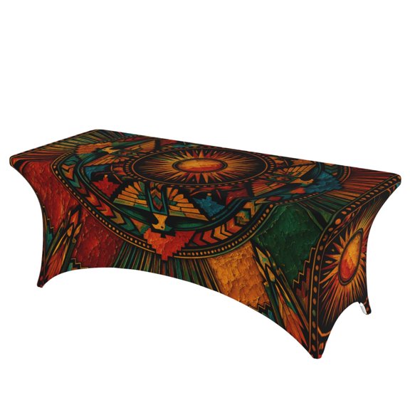 Sunburst Geometric Oil Paint Stretch Rectangular Table Cover 6FT Elastic Fitted Tablecloth for Parties, Weddings, Banquets