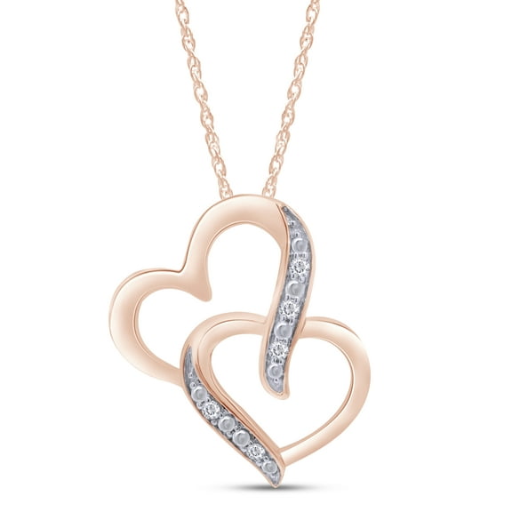 AFFY 10k Solid Rose Gold Round Cut Real Natural White Diamond Double Heart Pendant Necklace (I-J Color, I2-I3 Clarity)