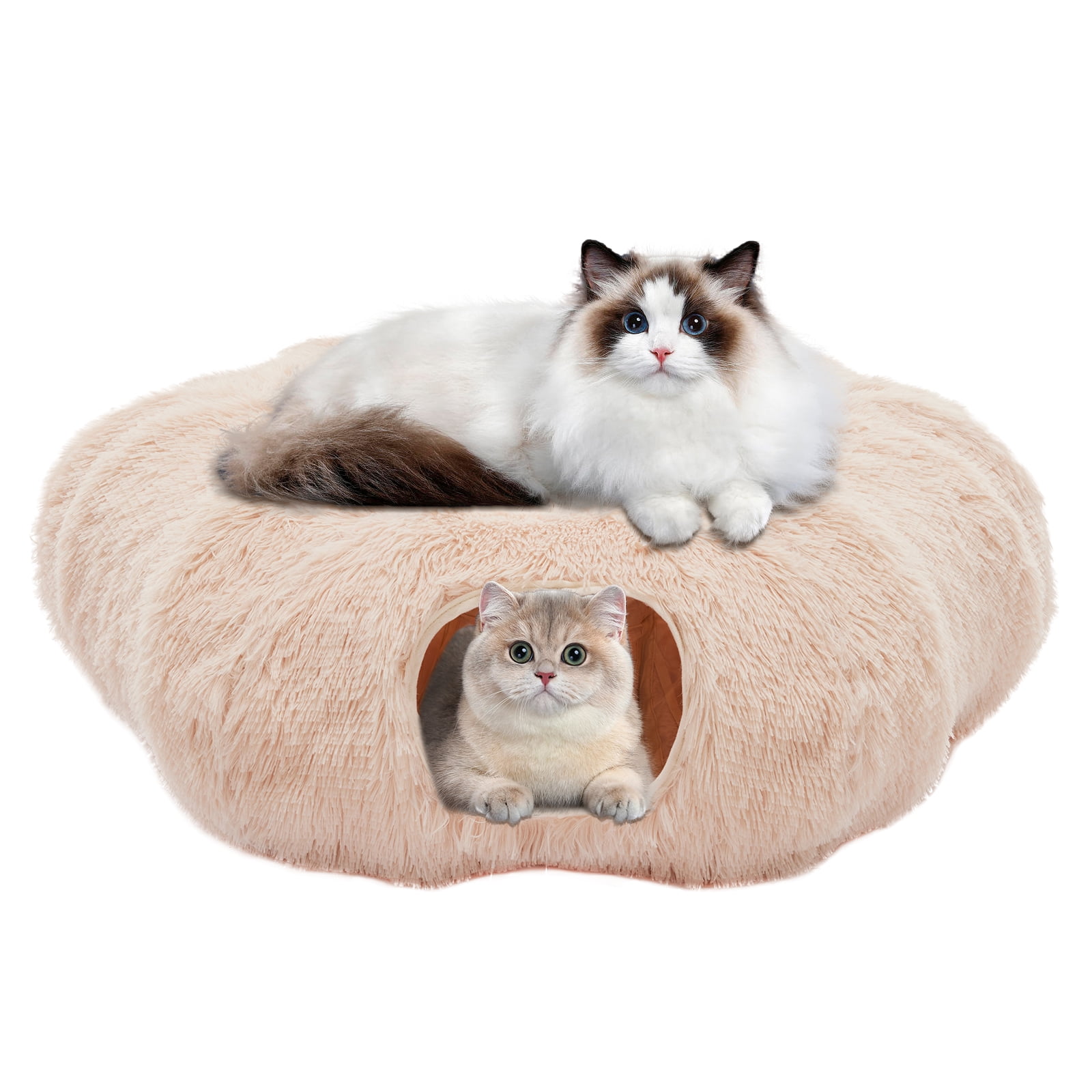 LIFERECORD Cat Tunnel with Cat Bed for Indoor Cats, Under Christmas Tree Soft Plush Peekaboo Cat Cave Donut Tunnel, Multifunctional Playground Toys Hideplace for Kittens, Rabbit - Bege