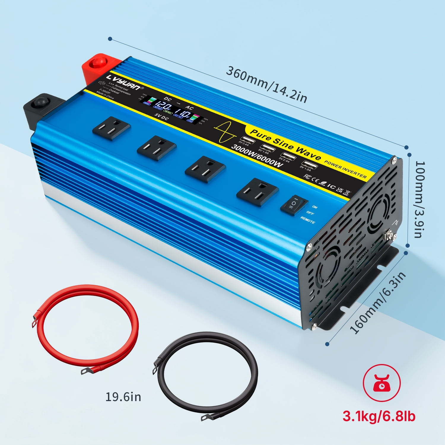 LVYUAN 3000W Pure Sine Wave Power Inverter 6000W Peak DC 12V to AC 110V Car Converter with LCD Display, Remote Control, 4 AC & 4 USB Ports, for Car, RV, Truck, Camping, Off-Grid, Home Backup Blue