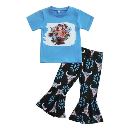 

Nokpsedcb Kids Little Girls 2Pcs Clothes Sets Short Sleeve Round Neck Bull Head Print Tops + Flared Pants Outfits Blue 4-5 Years