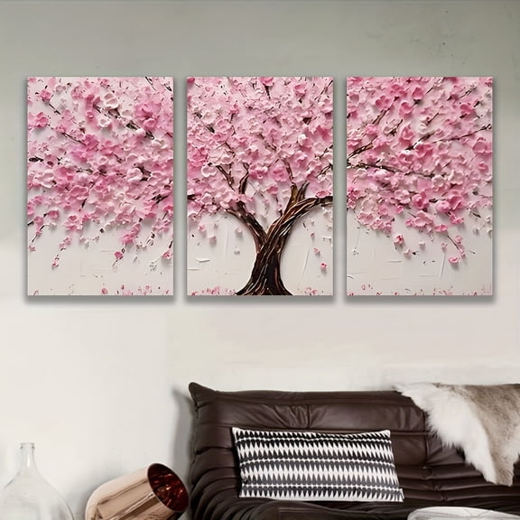 2D Flat, [JIT]3pcs, Decorative painting--frameless, Cherry Blossom Tree Artwork - Elegant Home Decor for a Touch of Spring. Posters and printed materials, Holiday Gifts, Mother's Day, Home Decor, Bi