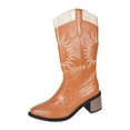 thumbnail image 7 of Embroidery Knee High Cowboy Boots Women Stacked Heel Splice Leather Wide Calf Pull on Long Cowgirl Booties, 7 of 7