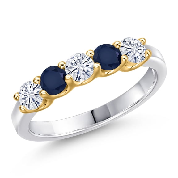 Gem Stone King 925 Silver and 10K Yellow Gold White Moissanite and Blue Sapphire Wedding-Bands Ring for Women | 0.92 Cttw | Round 3.5MM | Gemstone Birthstone | Size 6