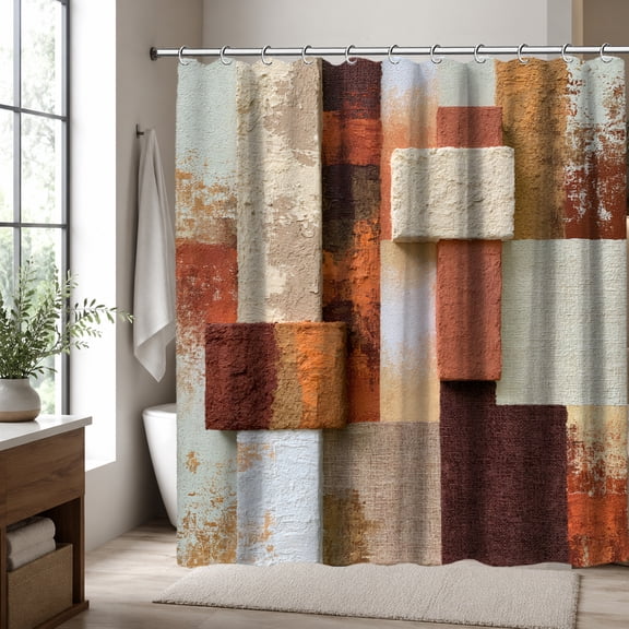 Abstract Geometric Shower Curtain for Bathroom, Rust Orange Brown Block Pattern Fabric Curtain, Modern Boho Bathroom Decor 70.87 x 70.87 Inch