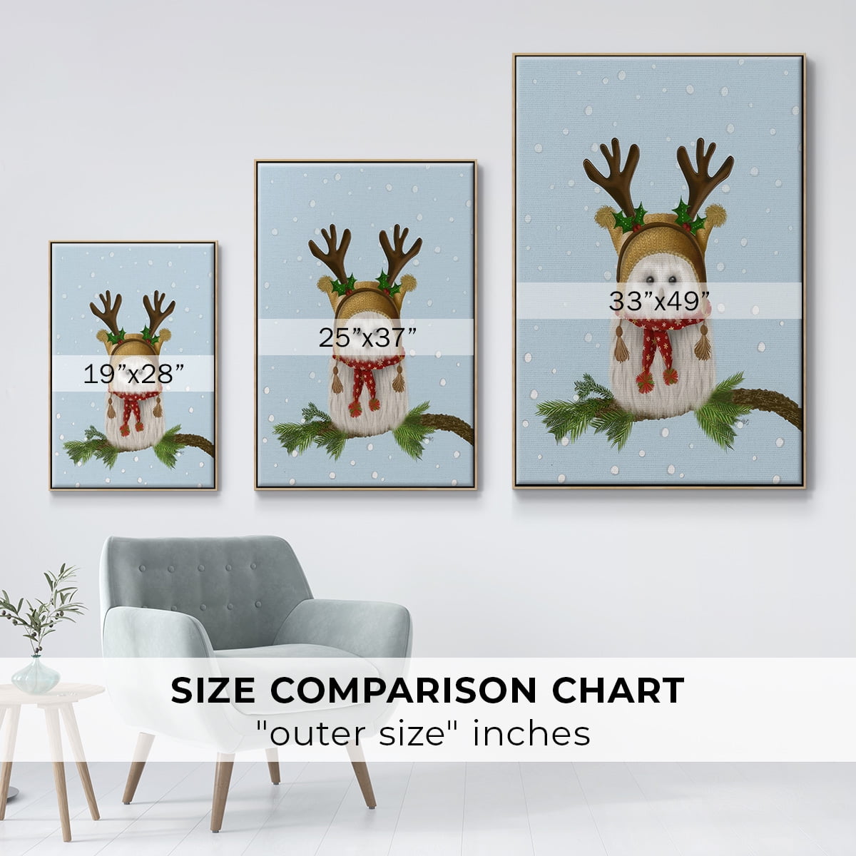 Christmas Fluffy Owl and Antlers - Framed Gallery Wrapped Holiday Canvas - 27 x 41 - Natural Wood Frame