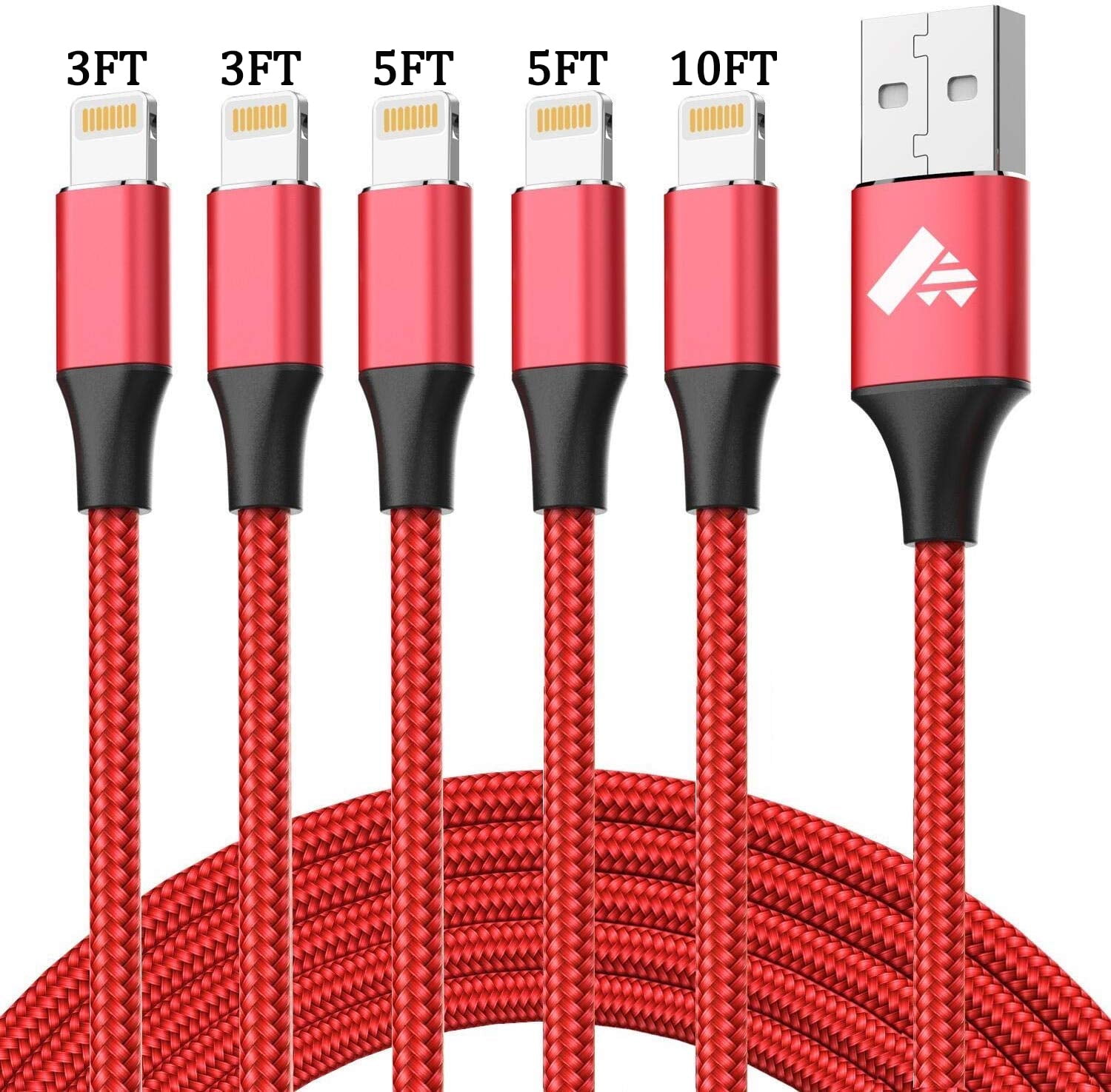 iPhone Charger Cable, Aioneus Lightning Cable [5Pack 3ft+3ft+5ft+5ft+10ft] Nylon Braided Fast Charging Cord for iPhone 13/12/11 Pro Max/XS MAX/XR/XS/X/8/7/Plus/6S/6/SE/5S/iPad