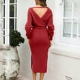 thumbnail image 4 of Fewfanhot Fall Wedding Guest Dresses for Women V Neck Sweater Dresses Batwing Long Sleeve Backless Bodycon Long Dress with Belt, 4 of 8