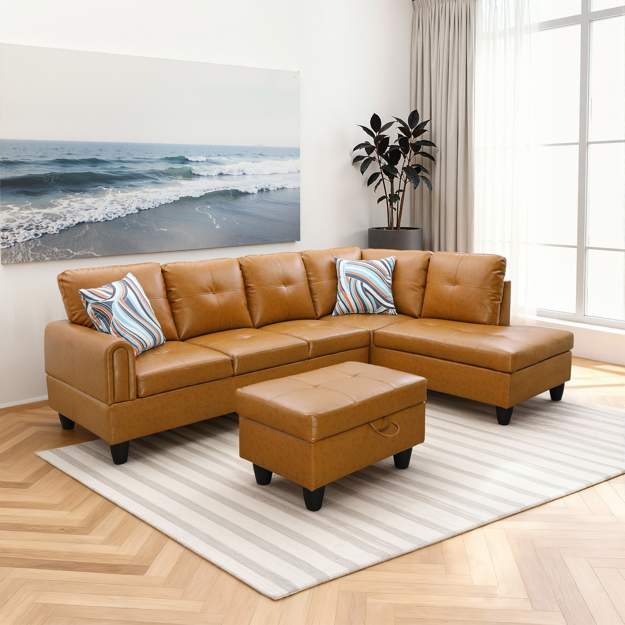 MAYEERTY 97" Faux Leather Sectional Sofa, 3-Piece Couch Living Room Sofa Set with Ottoman, Ginger (Right)