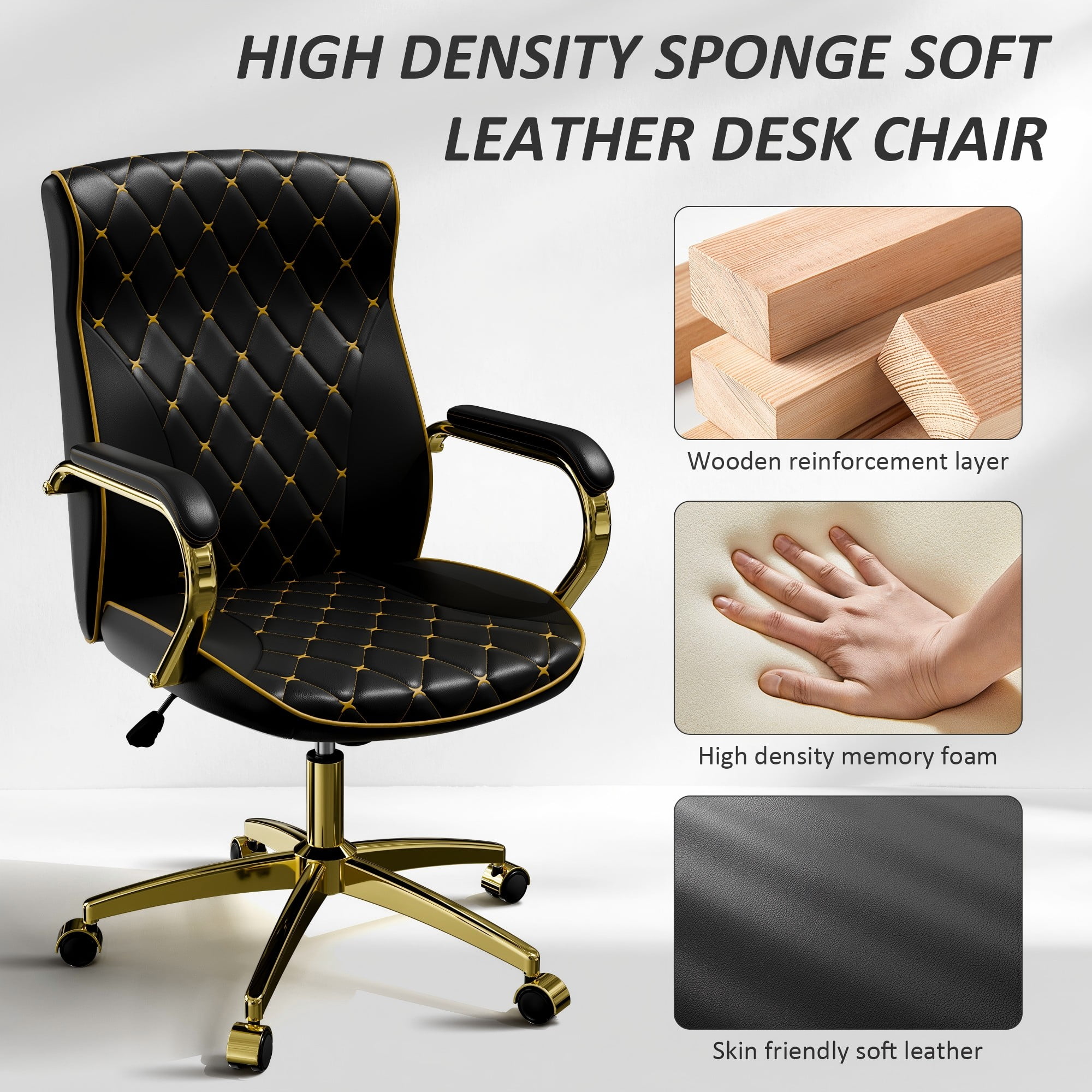 Big and Tall Black Office Chair Set of 2, High Back 360 Swivel Executive Office Desk Chair, PU Leather Desk Chair with Gold Metal Leg, Computer Home Office Chair with Rocking Function, Black
