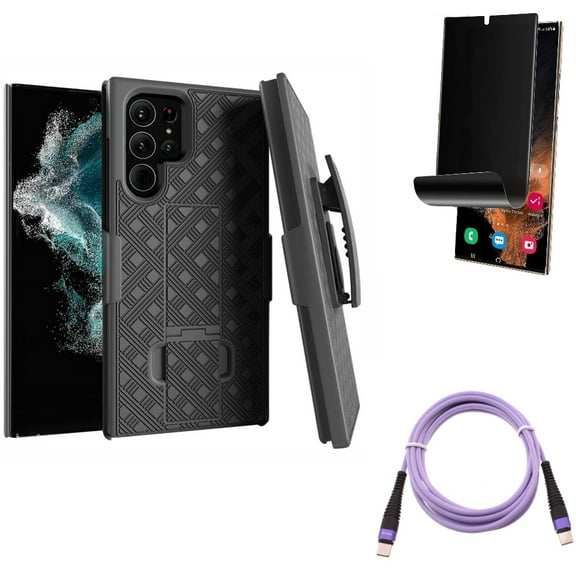Purple 10ft PD Cable & Privacy Screen Protector & Case Belt Clip for Samsung Galaxy S22 Ultra (6.8") - Combo Type-C to USB-C Fast Charger Cord Extra Long & TPU Film (Fingerprint) Anti-Peep & Holster