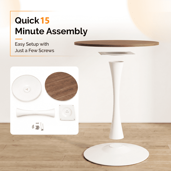 Round Tulip Dining Table, 27.6 Inch 2-Seater Kitchen Table, Melamine Laminated MDF Tabletop with Metal Pedestal Base, Easy Assembly Breakfast Table for Apartment Dining Nook, White & Walnut
